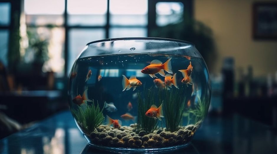 Aquário embutido na parede de uma sala, com iluminação suave e peixes ornamentais