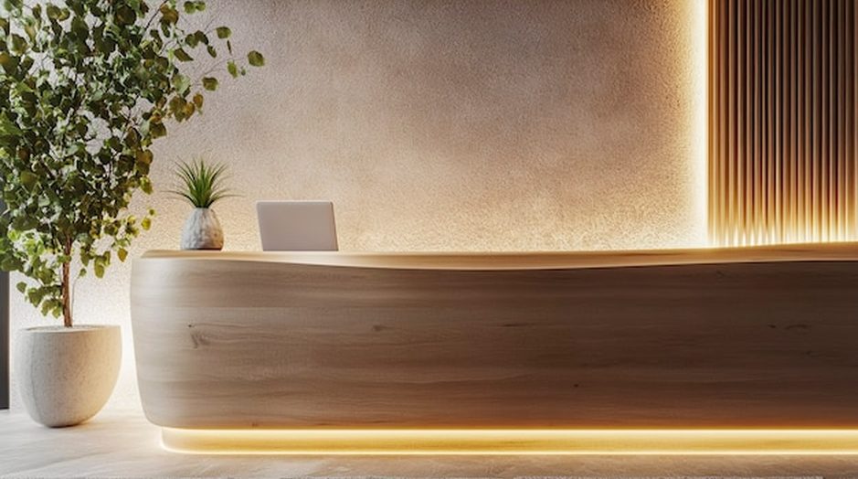 Aquário na recepção de uma empresa, com iluminação branca e decoração com troncos